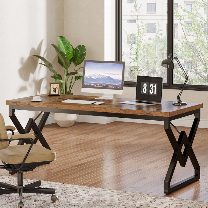 Tribesigns 63-Inch Large Office Desk, Industrial Computer Executive Desk with Extra Thick Wood-Look Top and Metal Frame for Home Office