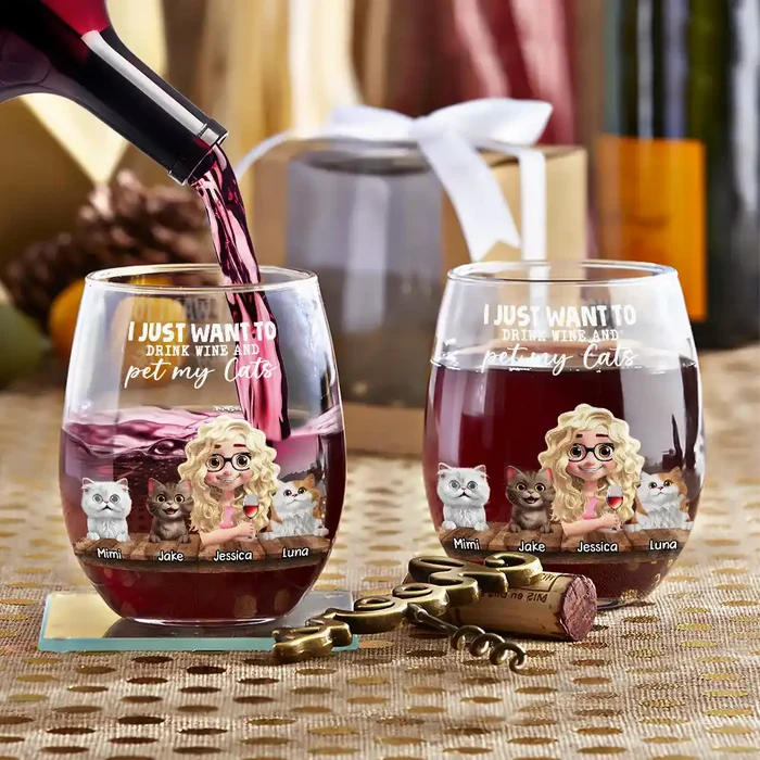 Cat Lovers,Cat Mom,Pet Lovers - I Just Want To Drink Wine - Personalized Stemless Wine Glass