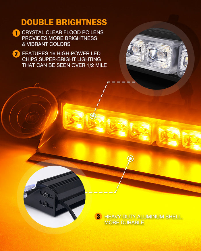 Xprite Emergency Dash Strobe Lights – Suction Cup LED Windshield Dash Warning Light Bar
