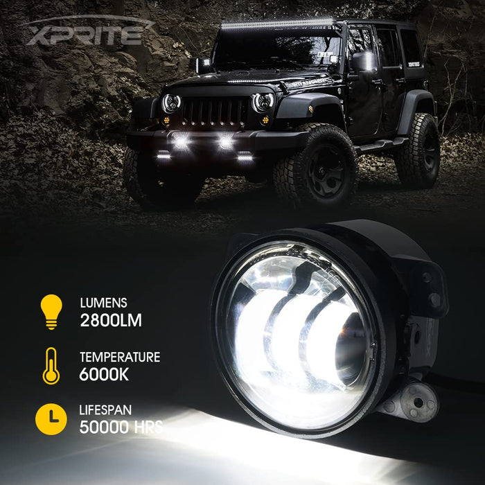 Xprite Jeep Wrangler Fog Lights, 4" Round 60W – Plug & Play LED Fog Lights for 2007-2018 JK & 2018+ JL Gladiator JT