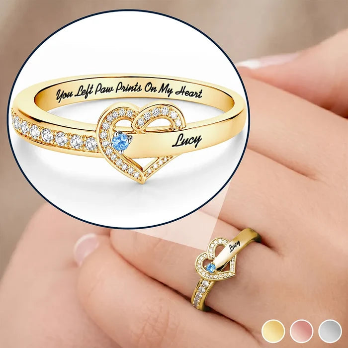 You Left Paw Prints On My Heart Pet Memorial - Personalized Birthstone Heart Ring