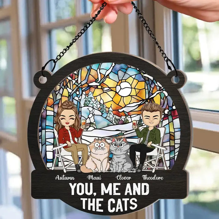 You, Me And The Cats Camping - Personalized Window Hanging Suncatcher Ornament